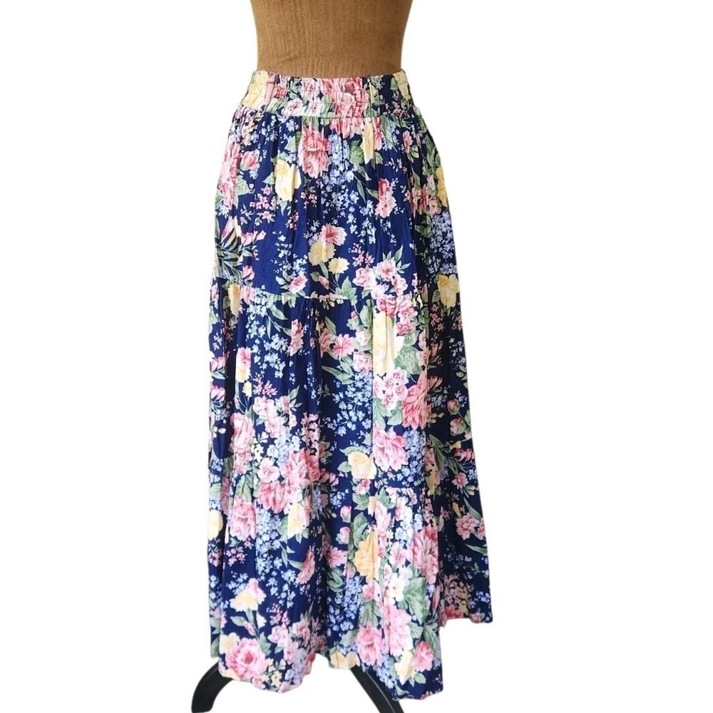 Vtg 90s Maxi Floral Skirt Y2K Whimsical Garden 100% Cotton Colorful Elastic